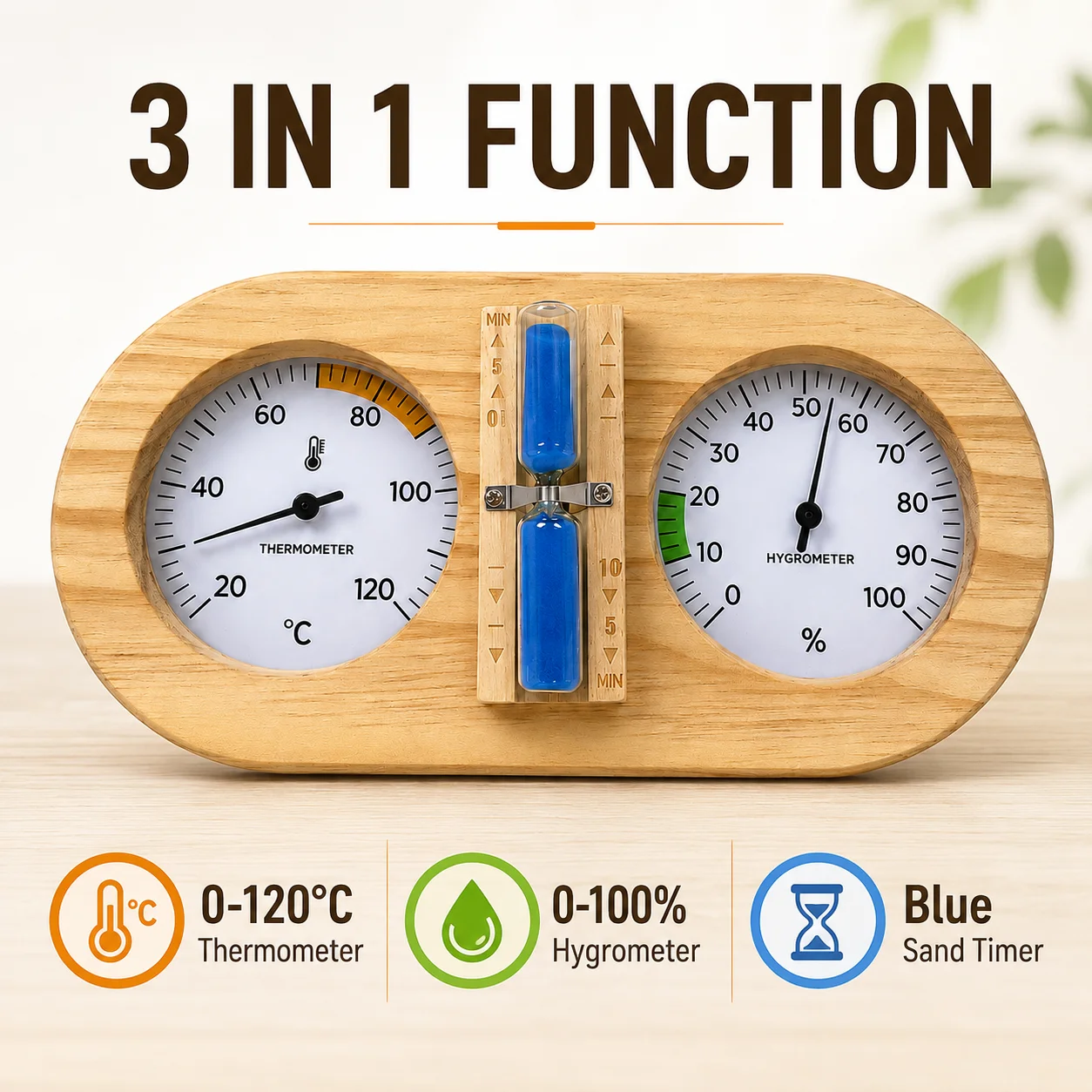 3-in-1 Wooden Sauna Thermometer Hygrometer with Sand Timer, Wall Mounted Sauna Room Temperature Humidity Gauge for Steam Room