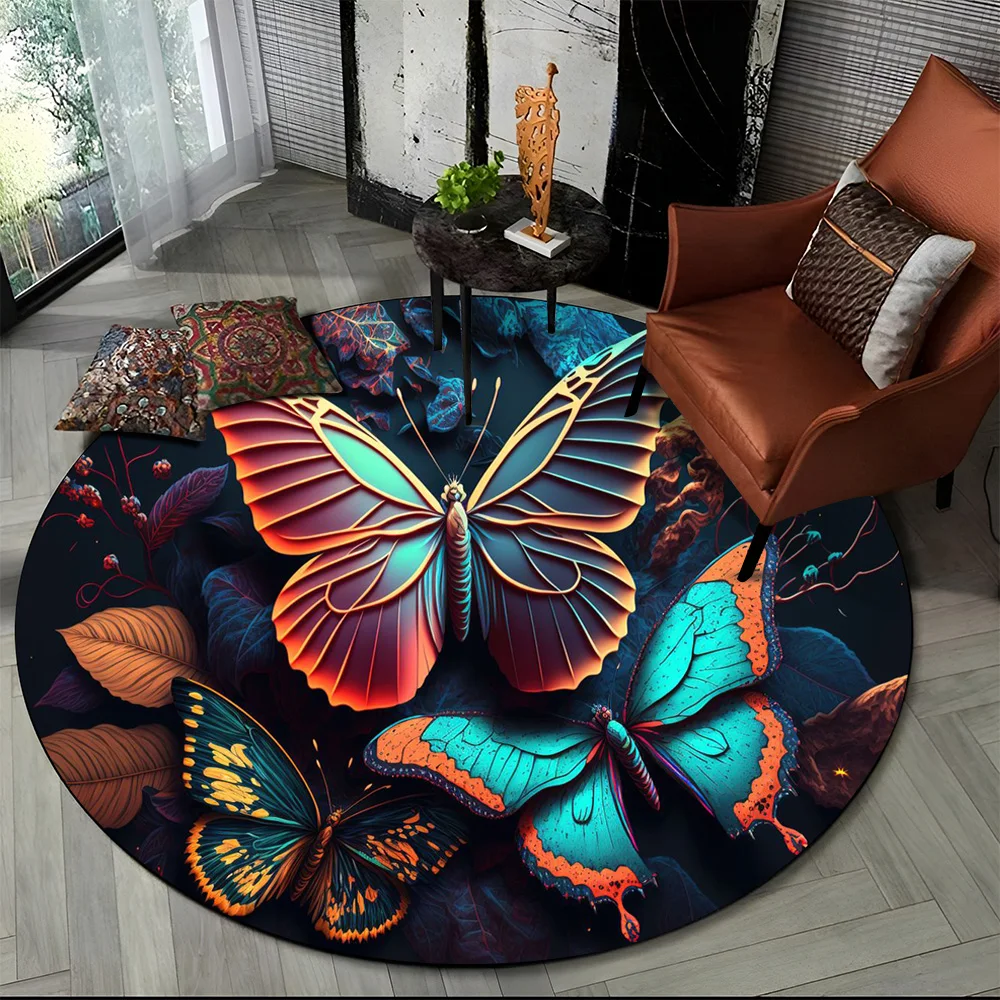 Fantasy Butterfly Flower Cartoon Round Carpet Rug for Living Room Bedroom Child Playroom Decor,Pet Area Rug Non-slip Floor Mat