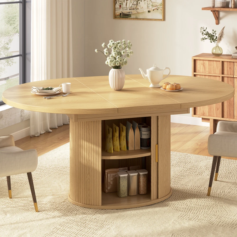 120-160×120×75cm Moderner Ausziehbarer Runder Esstisch, Erweiterbarer Holztisch für 4-6 Personen, Platzsparender Tisch mit Eingebautem Stauraum und Schiebetürfächern, Großraumiges Esszimmermöbelstück