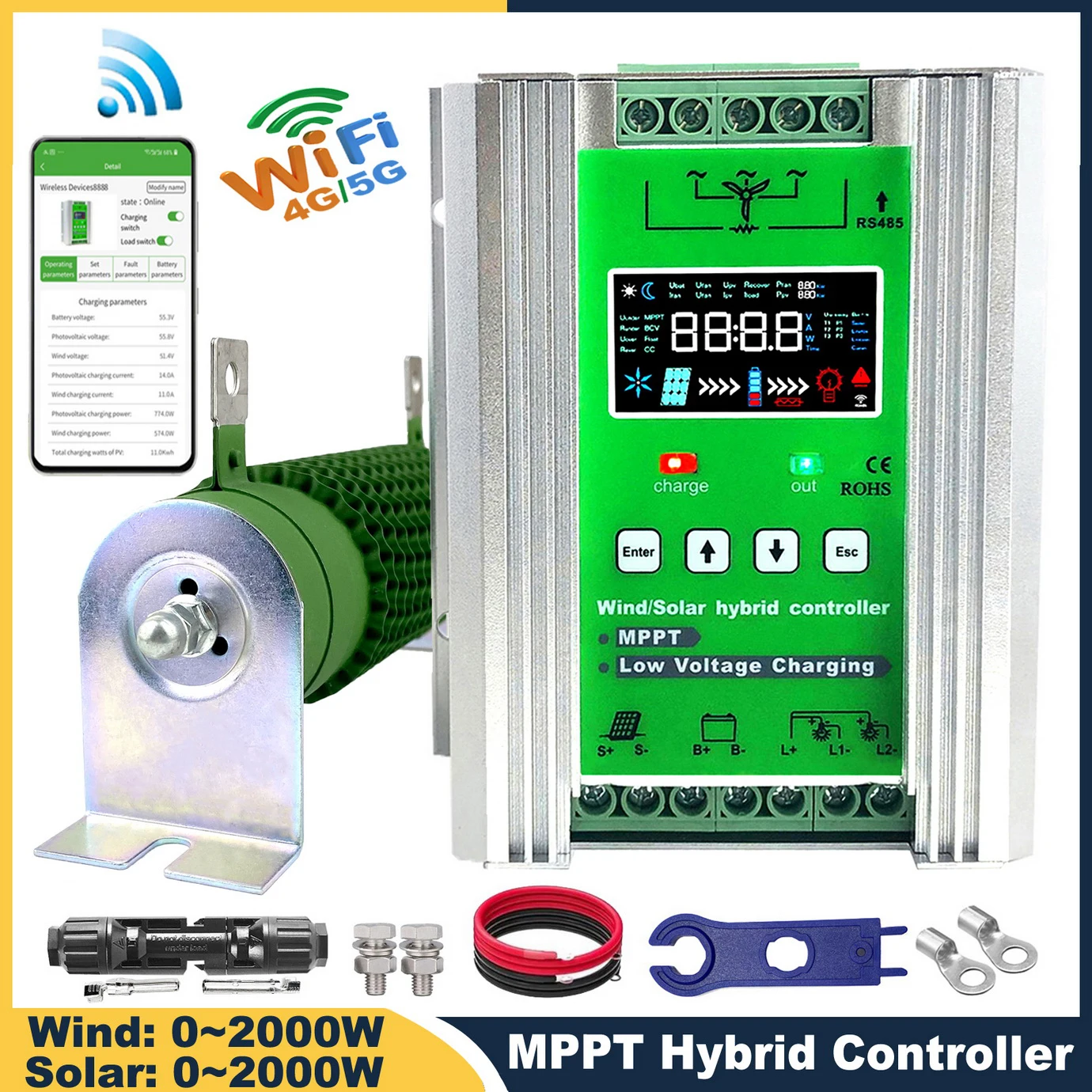 3000W 4kw 12 24 48V MPPT Hybrid Charge Controller Wind Generator Solar Panel Charger LCD Display Dump Load For Household Systems