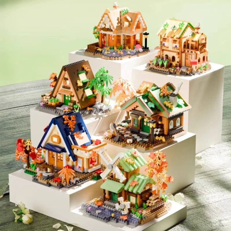 Baumhaus Bausteine Retro Wald Holz Cottage Serie Kleines Granulat Zusammengebautes Modell Ornamente Lernspielzeug Geschenke