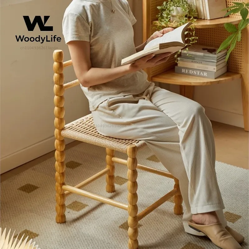 Celebrity Backrest Gourd Small Stool French Light Luxury Solid Wood Dining Chair Japanese Design Retro Rope Braided Chair