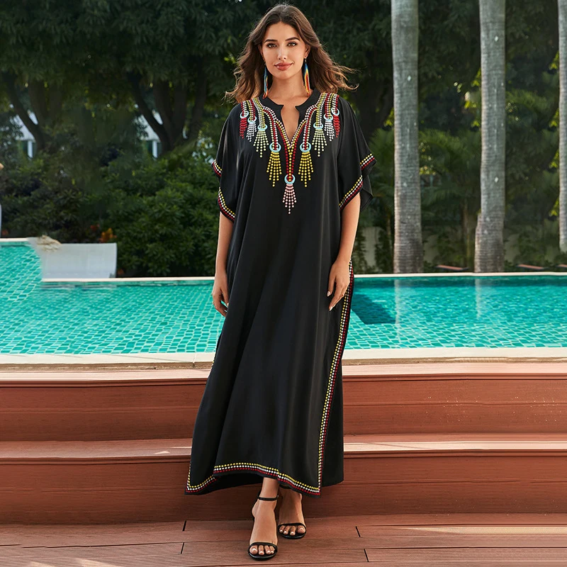 New European American Cotton Embroidered Beach Cover Up Long Dress Loose Casual Holiday Kaftan Bikini Wrap