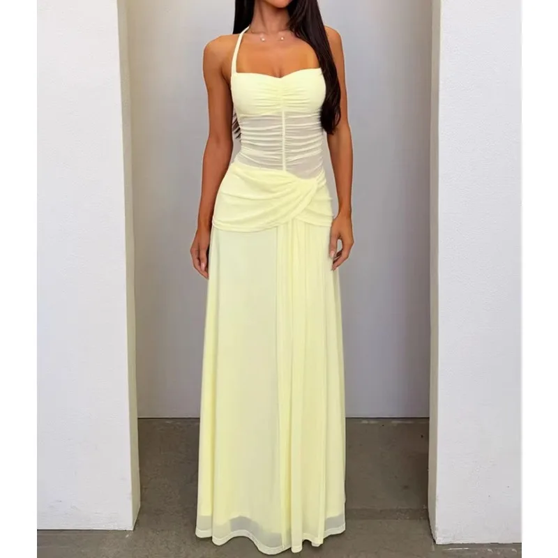 Mesh Backless Sexy Maxi Dress Women Elegant Off-shoulder Sleeveless Bodycon Ruched Club Party Long Dress