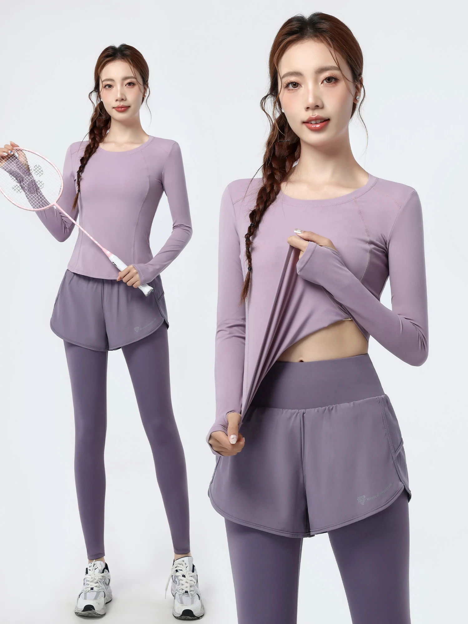 女性用クイドライロングスリーブフィットネスウェアセット、通気性のある薄手の秋用トレーニングスーツ、ジムワークアウト、丸首