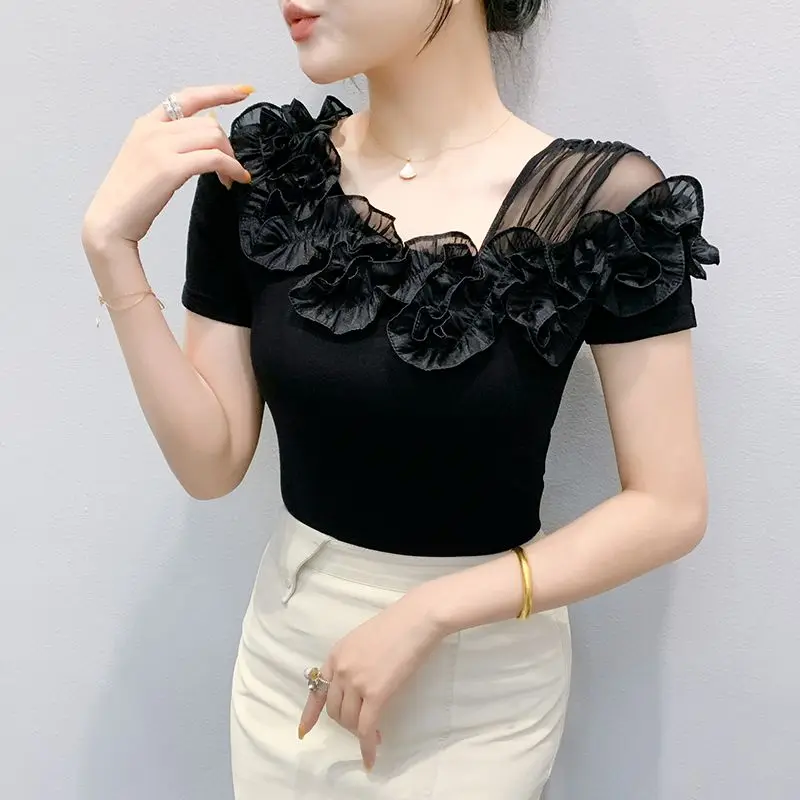 

Летний женский топ 2026 с открытыми плечами, 3D цветочной аппликацией, оборками и прозрачной сеткой, облегающий, приталенный