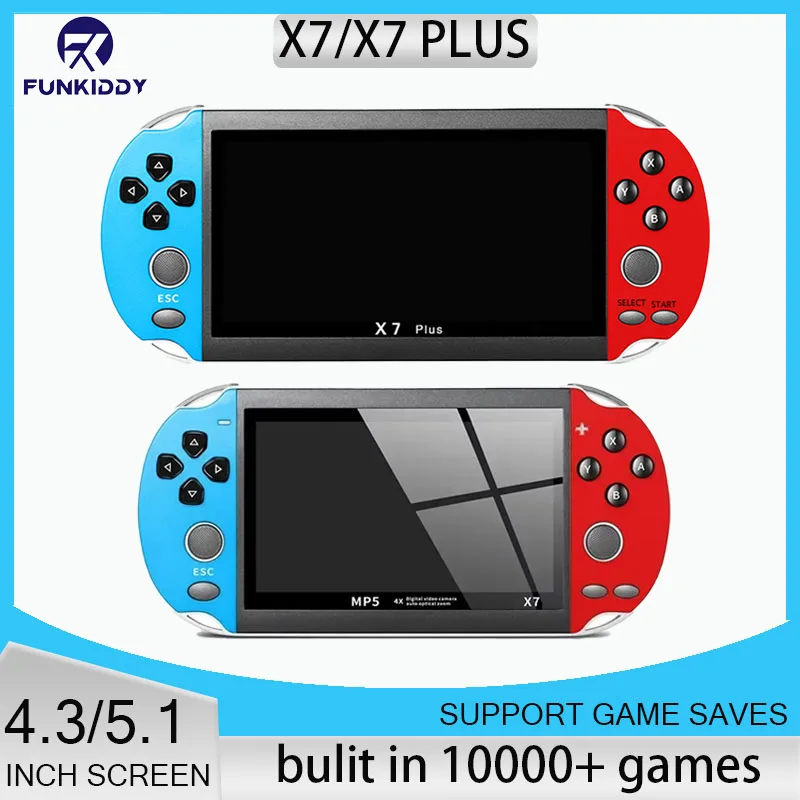 X7/X7PLUS وحدة تحكم ألعاب محمولة 4.3/5.1 بوصة شاشة محمولة عالية الوضوح مع فيديو واضح مدمج في العديد من ألعاب الأركيد الرجعية