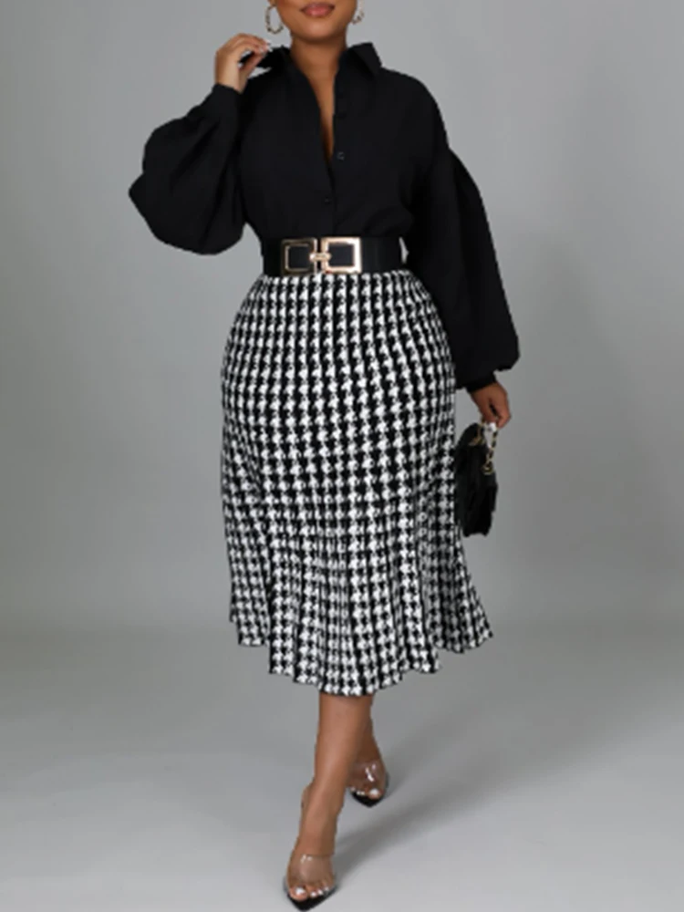 Women Plaid Skirt High Waist Bird Lattice Autumn Plus Size Mermaid Midi Skirt Office Lady Casual Vintage Houndstooth Skirts