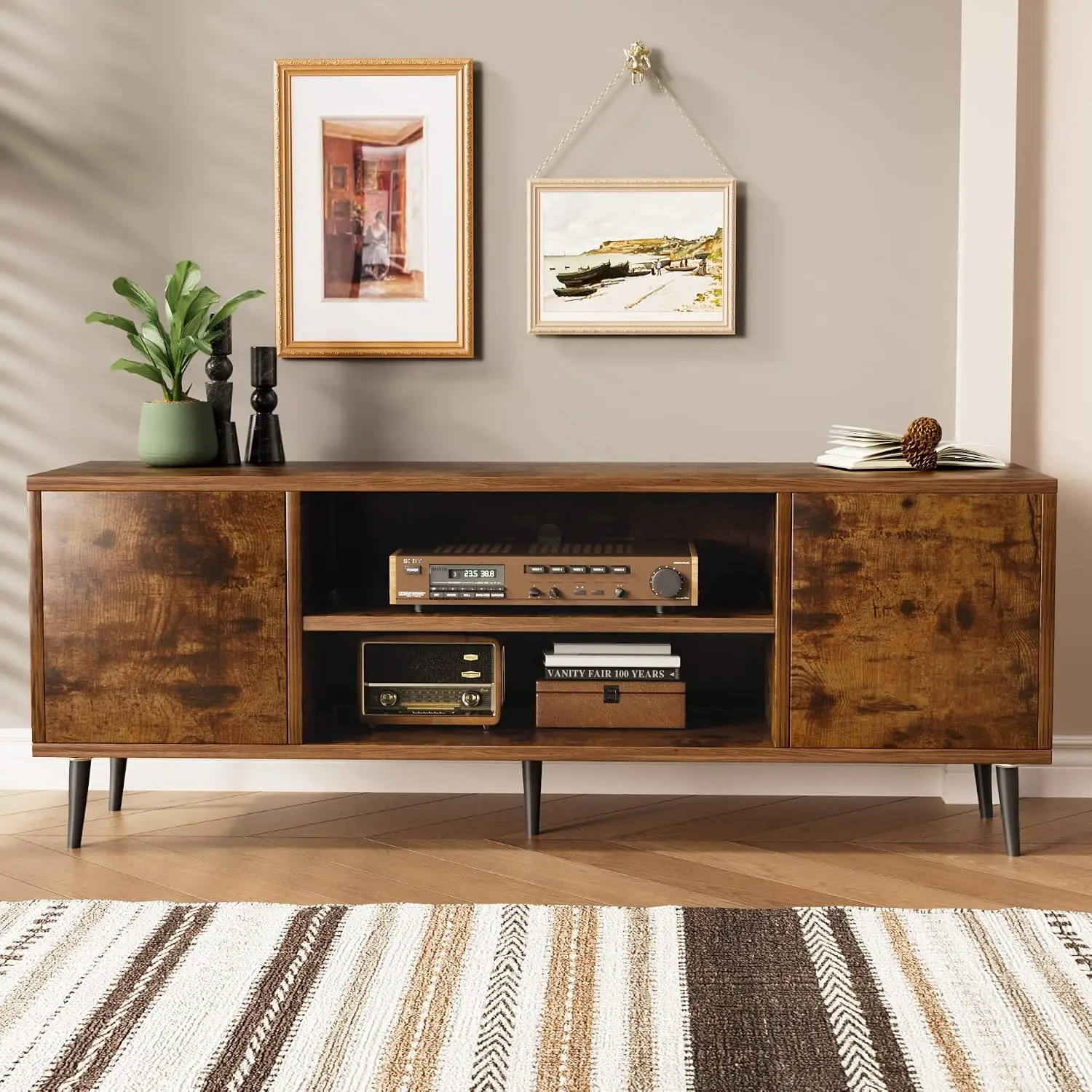 Modern Mid Century TV Stand For 65 Inch TV, Wooden Media Console Table With Storage Cabinet And Open Shelves, TV Furniture Cabinet For Living Room Bedroom, Rustic Brown