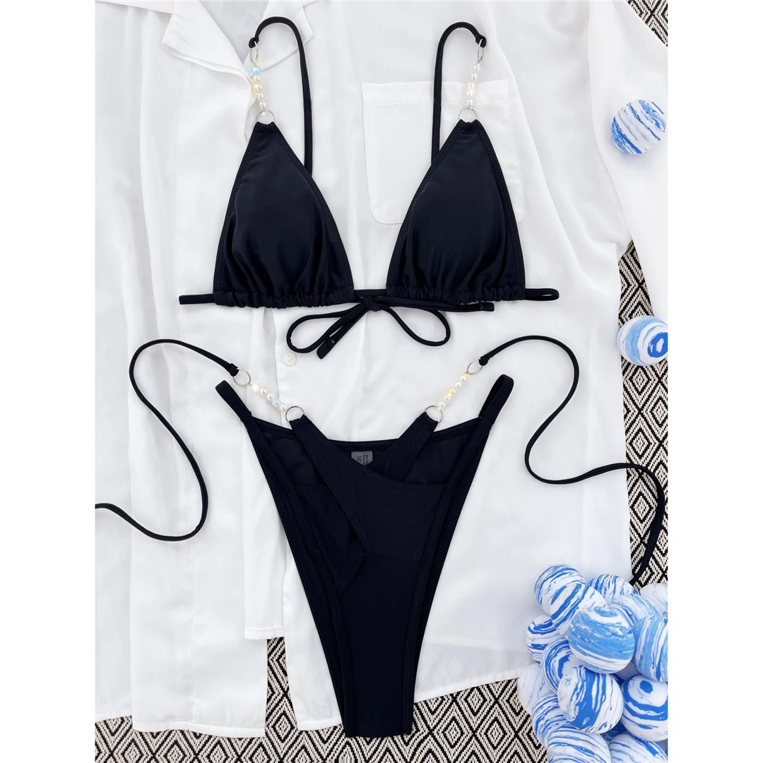 Sexy Neckholder-Bikini mit Perlen und Riemchen, Damen-Badeanzug, zweiteiliges Bikini-Set, hoch geschnittener Badeanzug, Badebekleidung, Modell V5473 – Detail 11