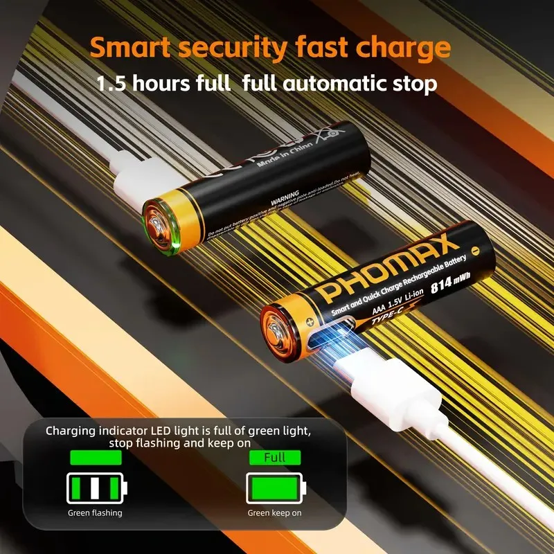 PHOMAX USB Lithium-Ion Rechargeable Batteries AAA 814mWh AA 4200mWh 1.5V Long-Lasting Battery for Digital Devices