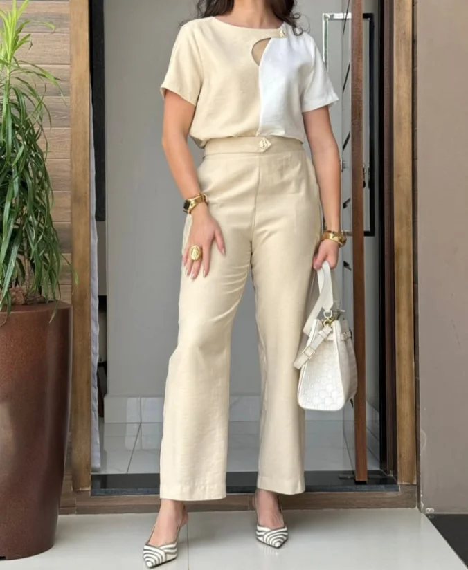 

Elegant 2-Piece Color Blocked Asymmetrical Neckline Hollowed Out Top and Metal Button Decoration High Waist Wide Leg Pants Set