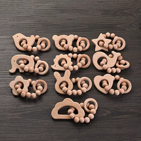 1Pcs Baby Wooden Teether Ring Food Grade Cartoon Animal Rattle Bracelet For Wooden Round Bead Baby Bracelet Teething Care Toys