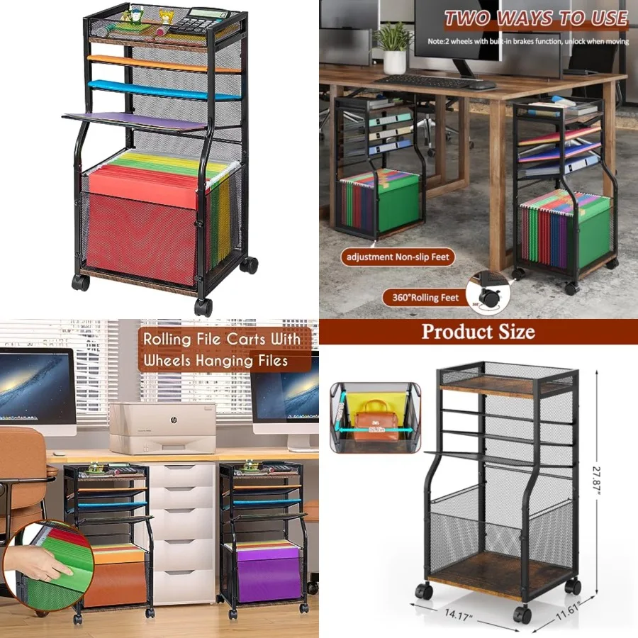 

5-Tier Rolling File Cart with Lockable Wheels, Mobile File Cabinet for Hanging File Folders Sliding Trays, Under Desk Storage,