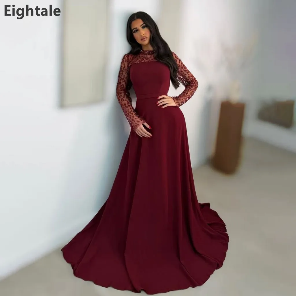 

Eightale Burgundy A Line O Neck Long Sleeve Evening Dress Sequin Pearls Women Party Prom Dresses Dubai 2025 Customized