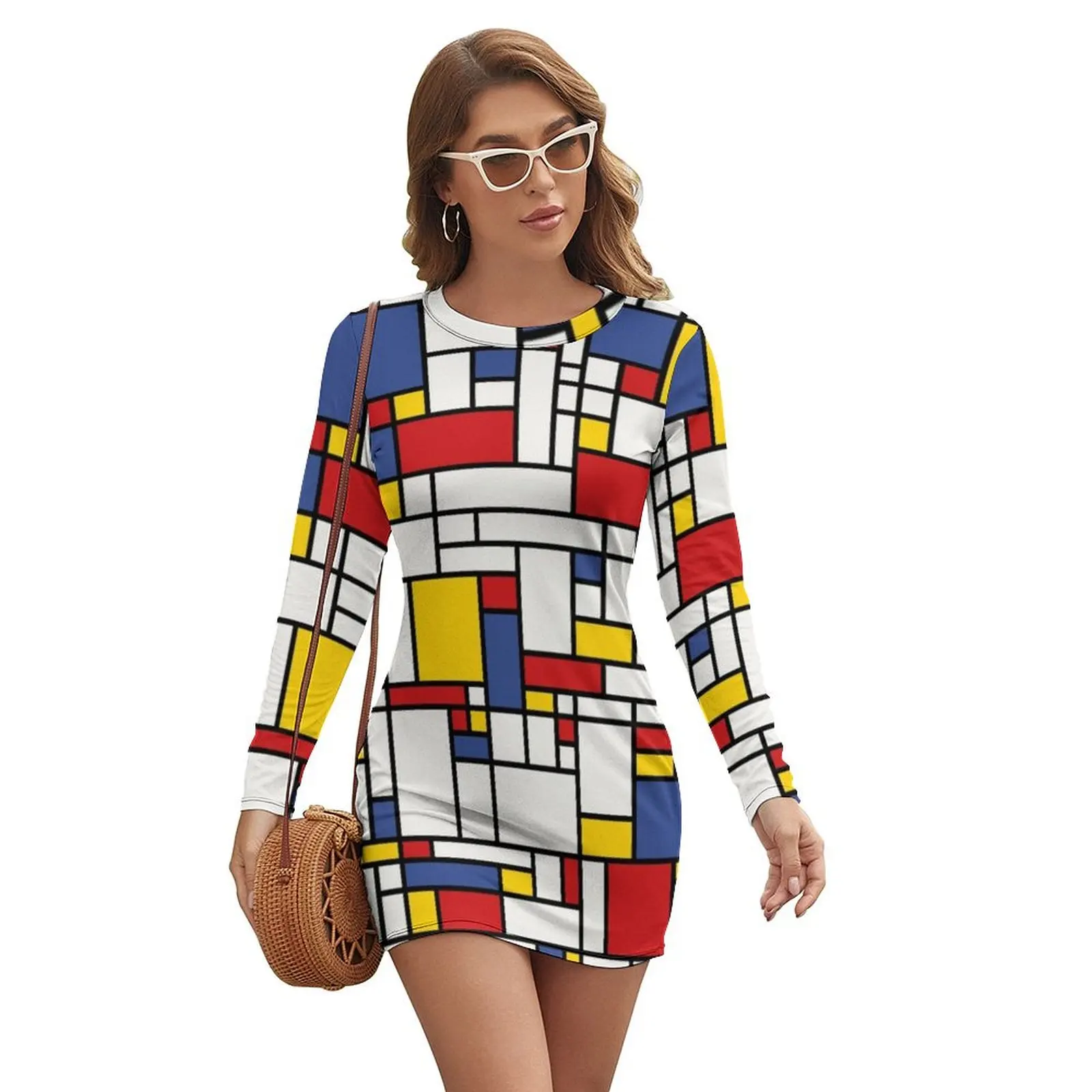 

Piet Mondrian Abstract Pop Art 1960s Red Blue Yellow Rectangles Long-sleeved Dress clothes for woman Woman dresses