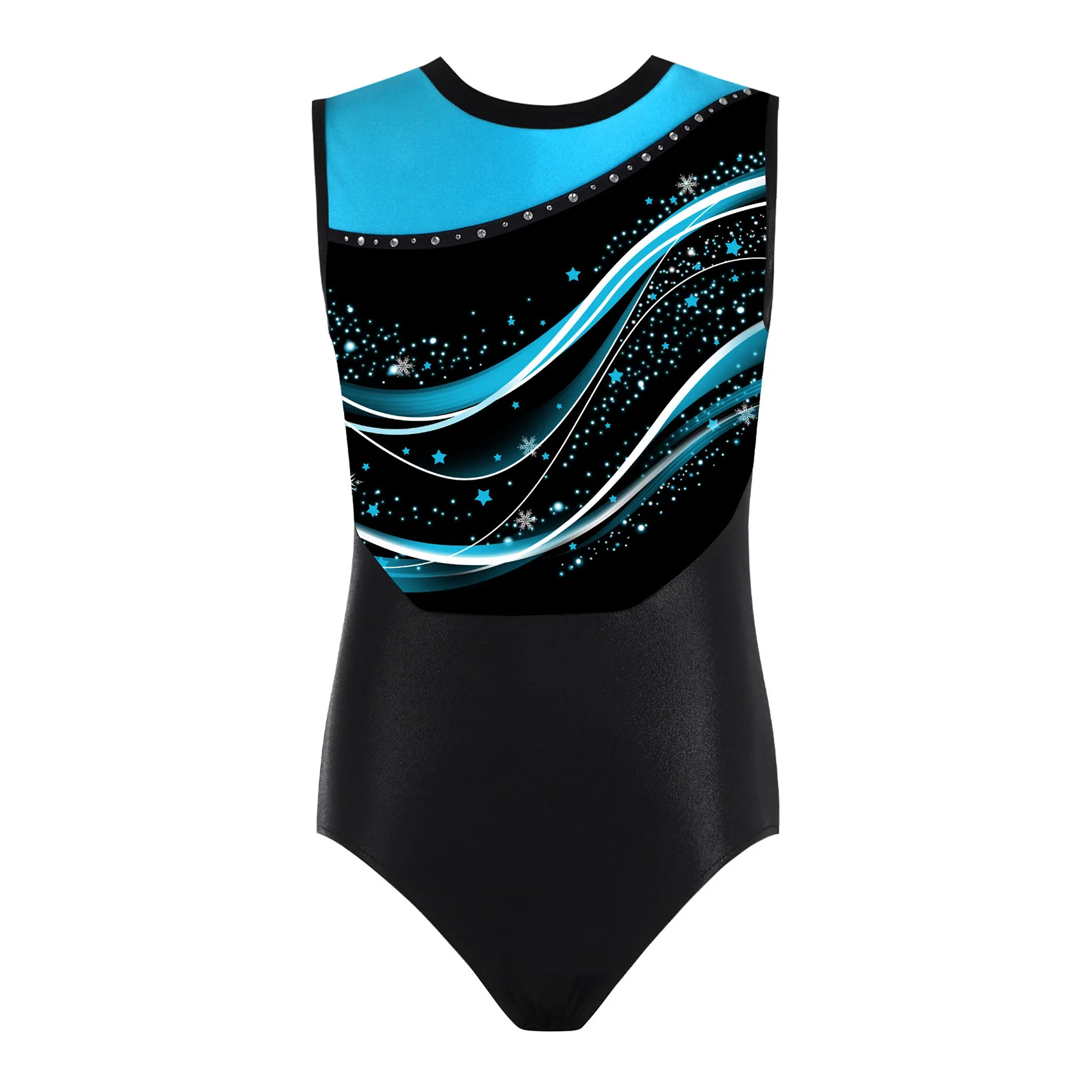 

Kids Girls Lyrical Gymnastics Dance Outfit Round Neck Sleeveless Patchwork Ballet Latin Leotard for Ballroom Dance Performance