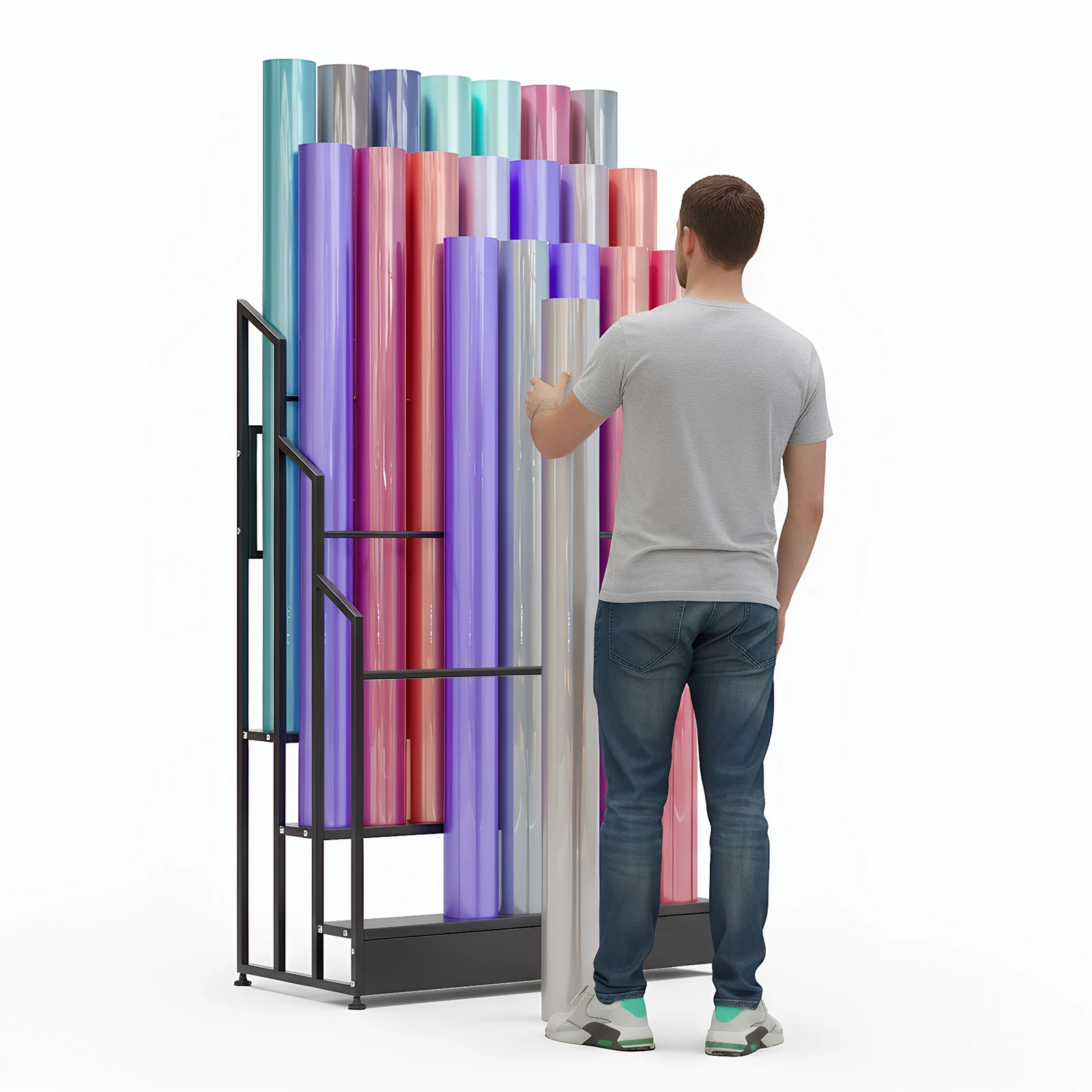 

3 Tier Heavy Duty Color Change Film Display Stand Floor-Standing Textile Fabric Roll Holder with Adjustable Rails for Tablecloth