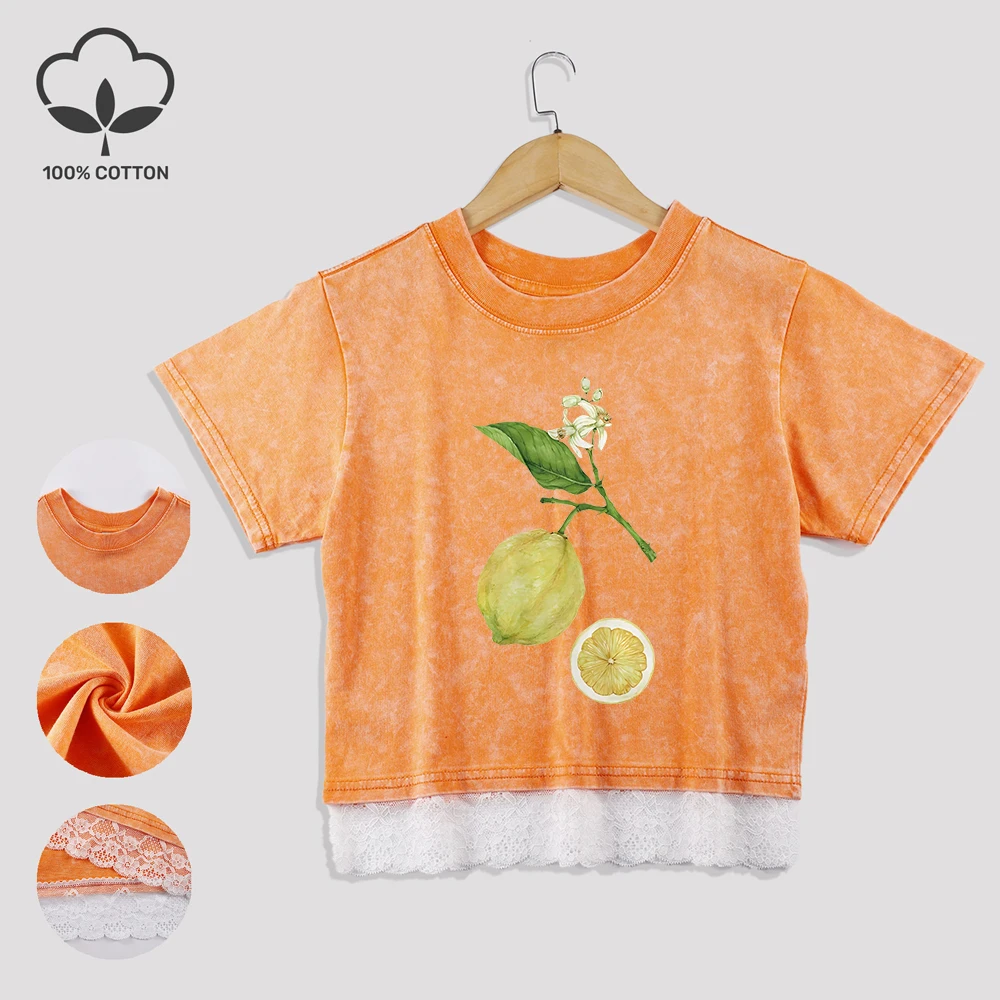 

Retro Lemon Printing Cotton Washed T-Shirt All-Math Summer Lace Hem Crop Tees Regular Fit O-Neck Short Sleeve Casual Clothes