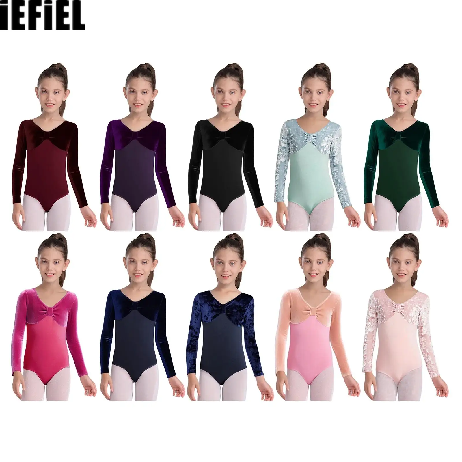 

Kids Girls Velvet Ballet Dance Leotard Front Knot V-Neck Long Sleeves Press Button Crotch Patchwork Bodysuit