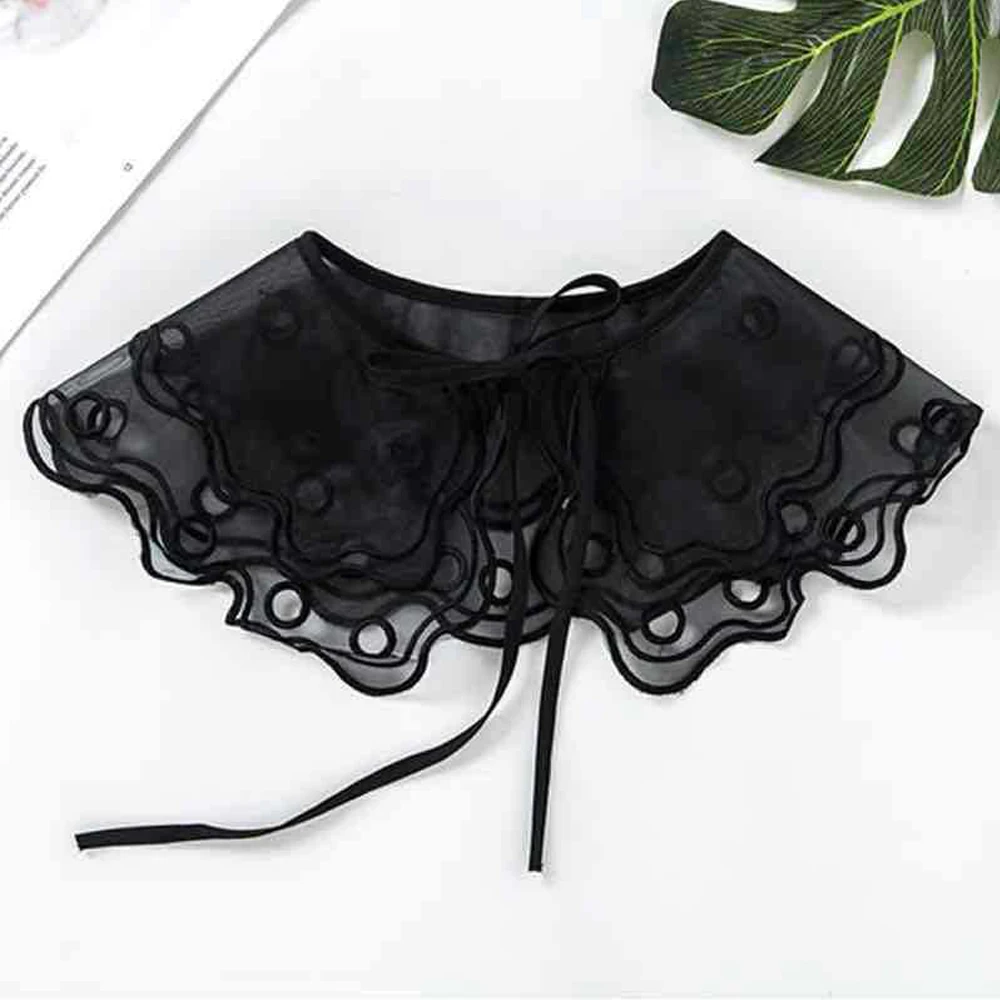 New Double Chiffon Lace Fake Collar Office Ladies Embroidery Decorative Black White Blouse False Collar Women Shawl Bowtie