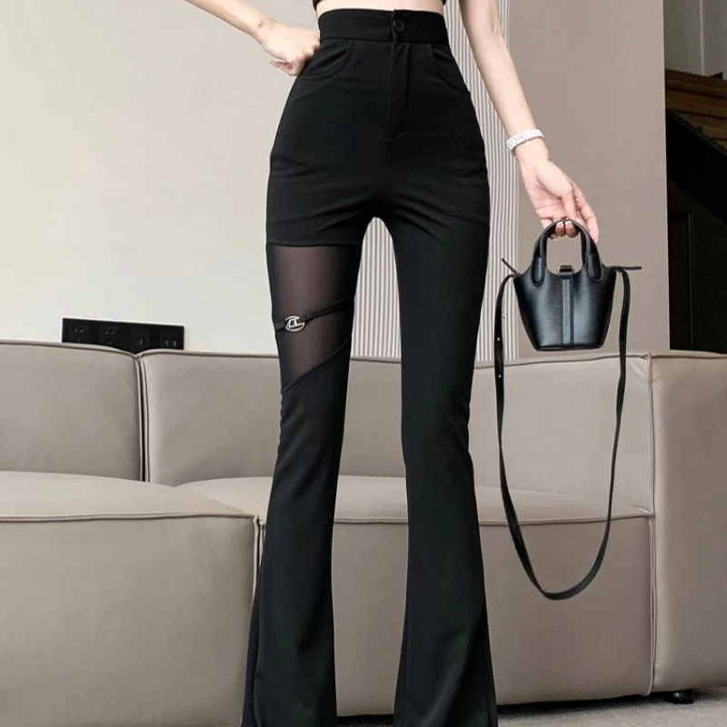 Hotsweet Flare Pants Women Summer Thin Sexy Mesh Spliced Black Slim High Waist Solid Hollow Out Pants