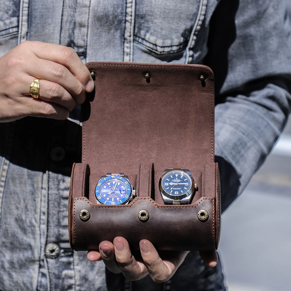 ติดต่อครอบครัว Retro 2ช่องใส่นาฬิกา Roll กระเป๋าเดินทางแบบพกพาหนังนาฬิกาจัดเก็บกล่องที่มี Slid In Out