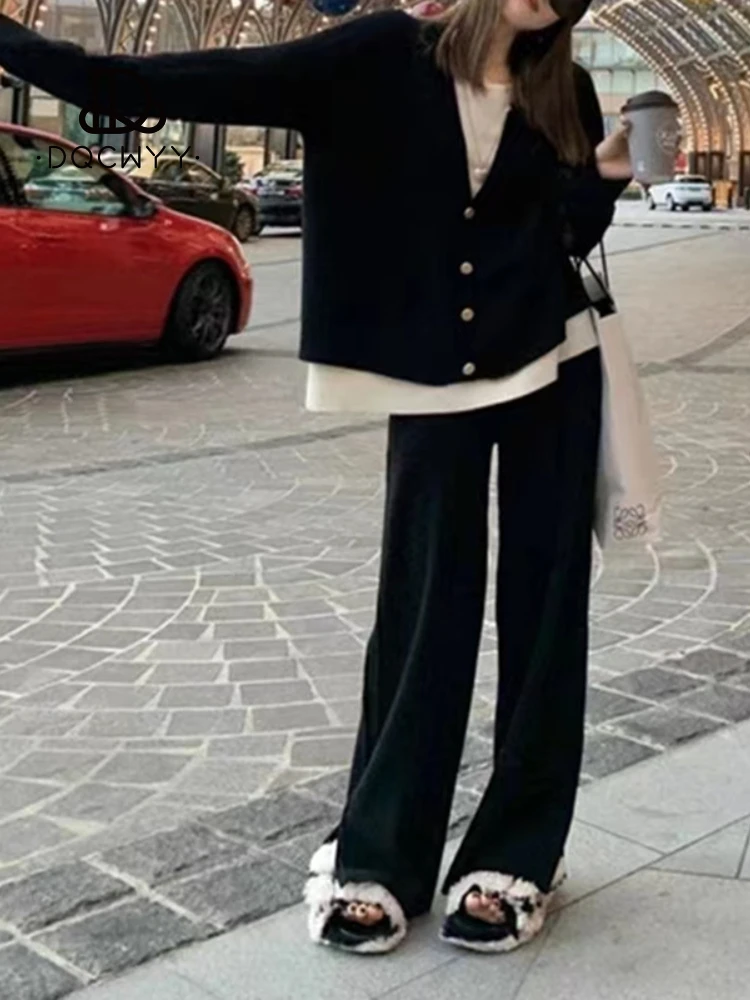 Knit Suit Two Piece Set 2024 New Fall Spring Elegant Solid Color Casual Loose Long Sleeve High Waist Wide Leg Pants Set Outfits