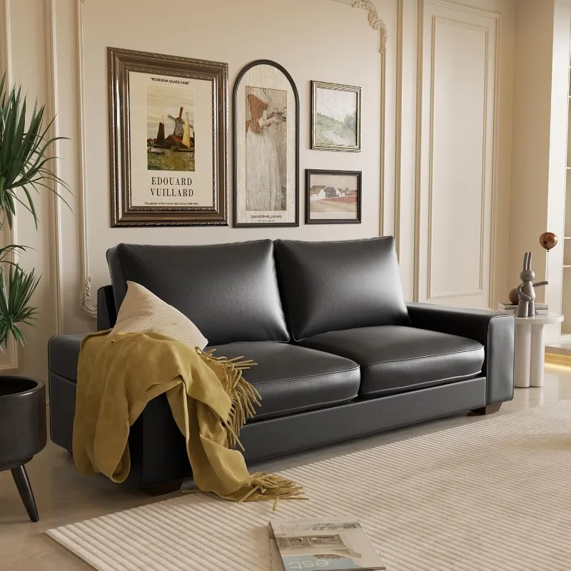 

88.58" Faux Leather Sofa Couch,Living Room 3 Seater Sofa with Wide Arm and Side Pocket, Mid-Century Modern Couch