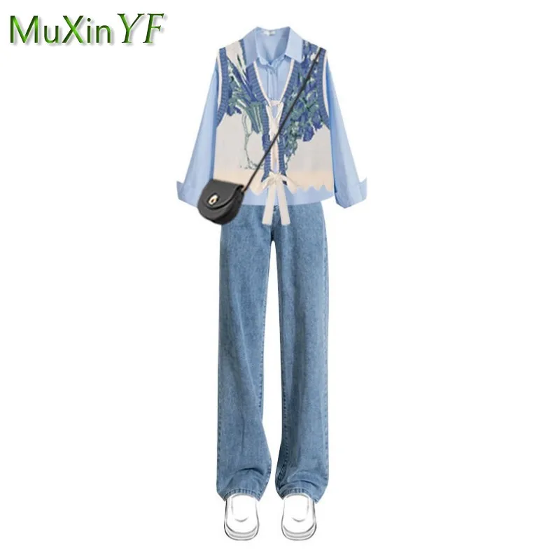 2023 Autumn/Winter New in Matching Set Women\'s Fashion Knitted Vest+Shirt+Jeans 3 Piece Korean Elegant Blouse Denim Pants Suit