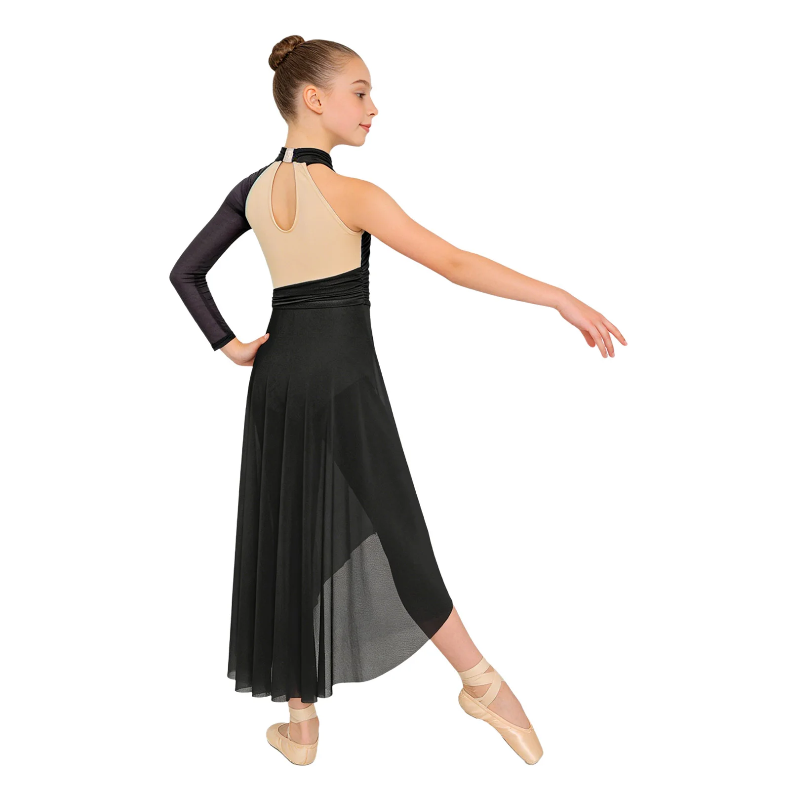 

Girls Lyrical Contemporary Dance Dress One-shoulder Applique Sheer Mesh Ballet Figure Skating Artistic Gymnastics Leotard Dress