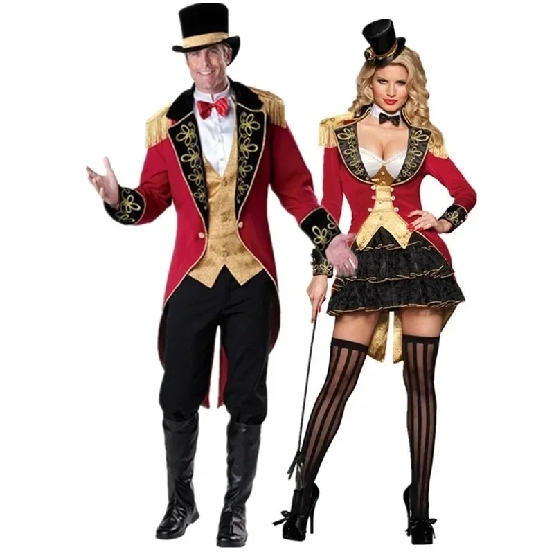 

Carnival Halloween Magician Couples Circus Ringmaster Costume Women Men Cosplay Masquerade Dress Up Clown Outfit Tuxedo Coat
