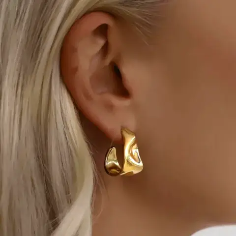 Stainless Steel Gold Color Irregular Wave Shape Hoop Earrings for Women Jewelry Silver Geometric Textured Folded Over Studs