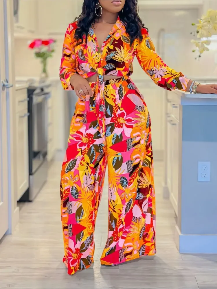 Spring Autumn Sets New Long Sleeved Printed Suit For Women Fashion Lapel Single Breasted Shirt Wide Leg Trousers Two Piece Set