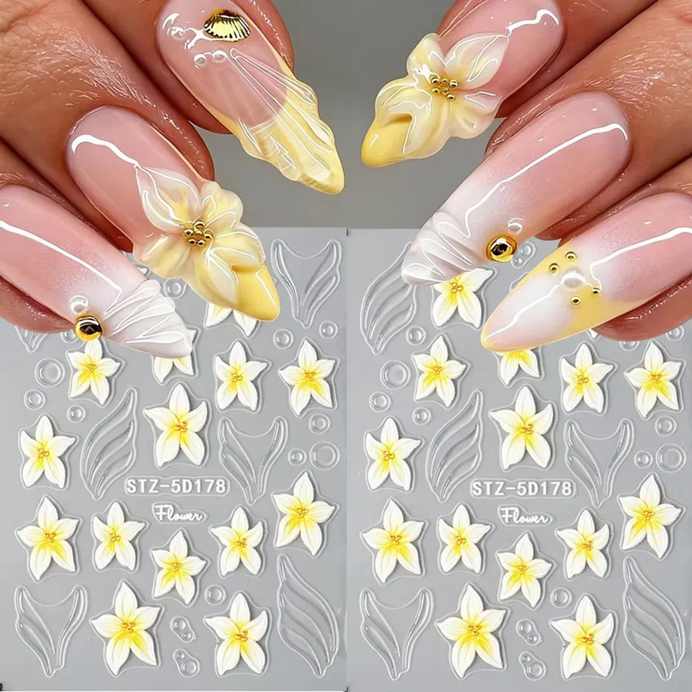 2pcs Kawaii Starfish Nail Decals 3D Blooming Floral Nail Art Stickers Summer Tropical Self-Adhesive Decal for DIY Manicure Decor