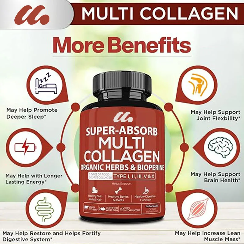 Multi Collagen Pill (Type I II III V X) Organic Herbal and Piperine Hydrolyzed Collagen Peptide Protein Supplement