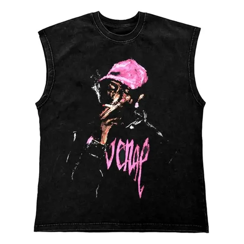 Vintage Headwear Tank Top Green Gangster Hood Graphic Print T Shirt Cotton Hip Hop Streetwear Oversize Pattern Washed Tops Vest