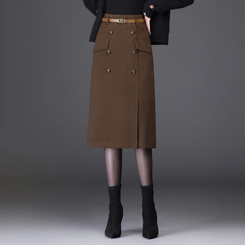 

Womens 2024 Autumn/Winter Khaki/Black Pencl Skirt Fashion High Waist Ladies S M L XL XXL 3XL Size Female Mid-Calf Skirt