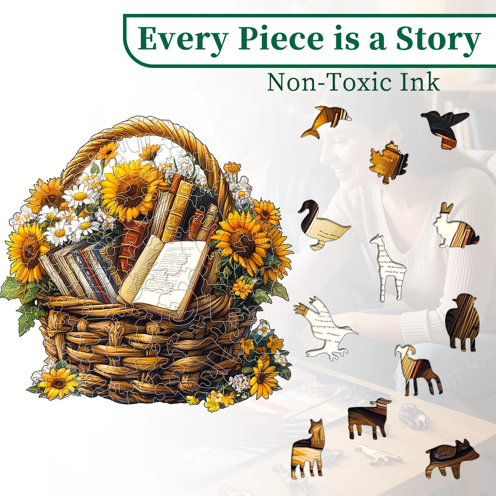 Sunflower Book Basket Wooden Puzzle, Warm Vintage Floral Jigsaw For Gift & Home Decoration With Unique Creature Cutouts