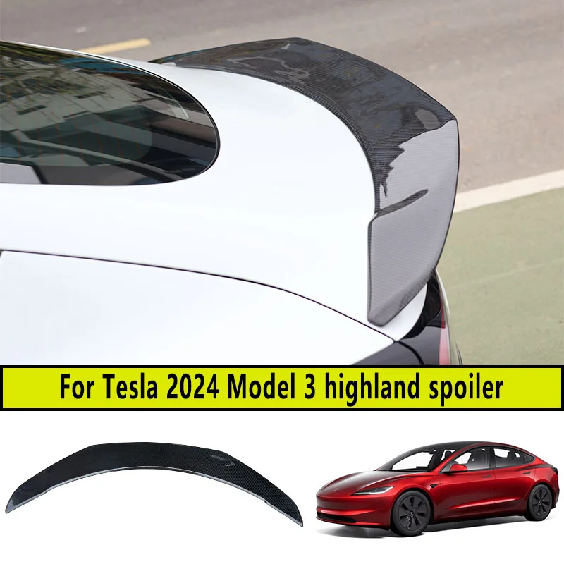 For Tesla 2024 Model 3 highland Dry carbon fiber Trunk Lid V Style Sport Spoiler Wing Car Tailgate Flap Trim Decklid Accessories