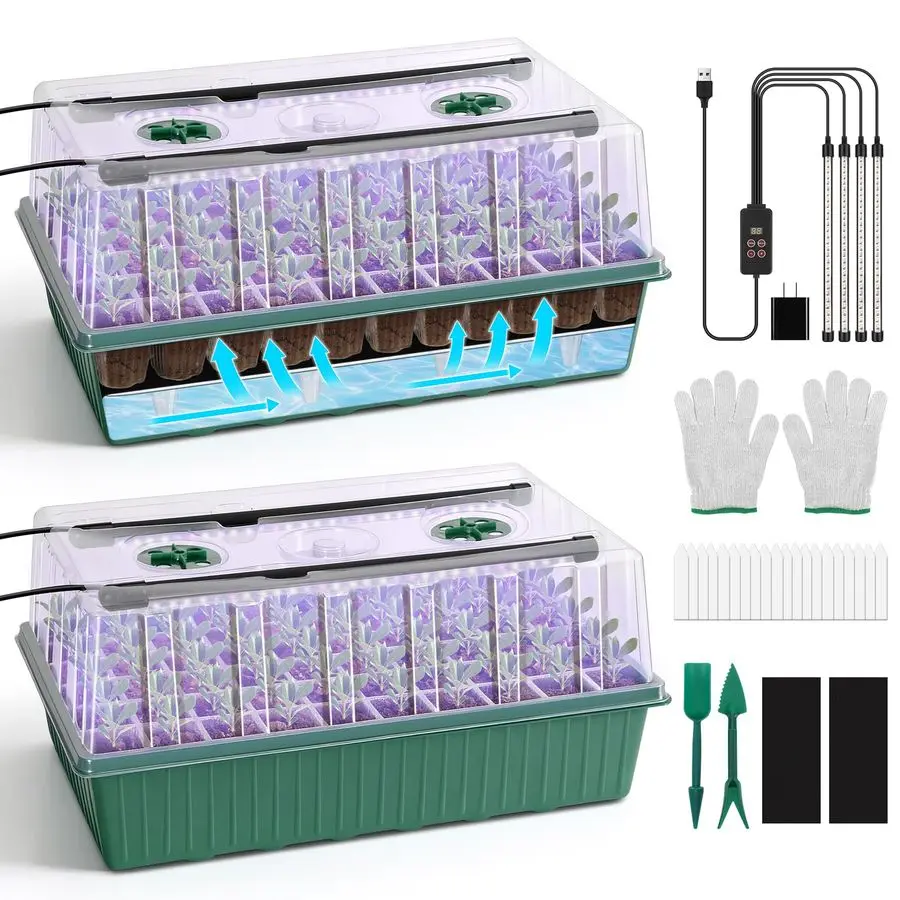 

120Cell SelfWatering Seed Starter Tray with Grow Light, 124H Timer, Seed Starter Kit with 4.02 Humidity Dome, Seedling Tray for