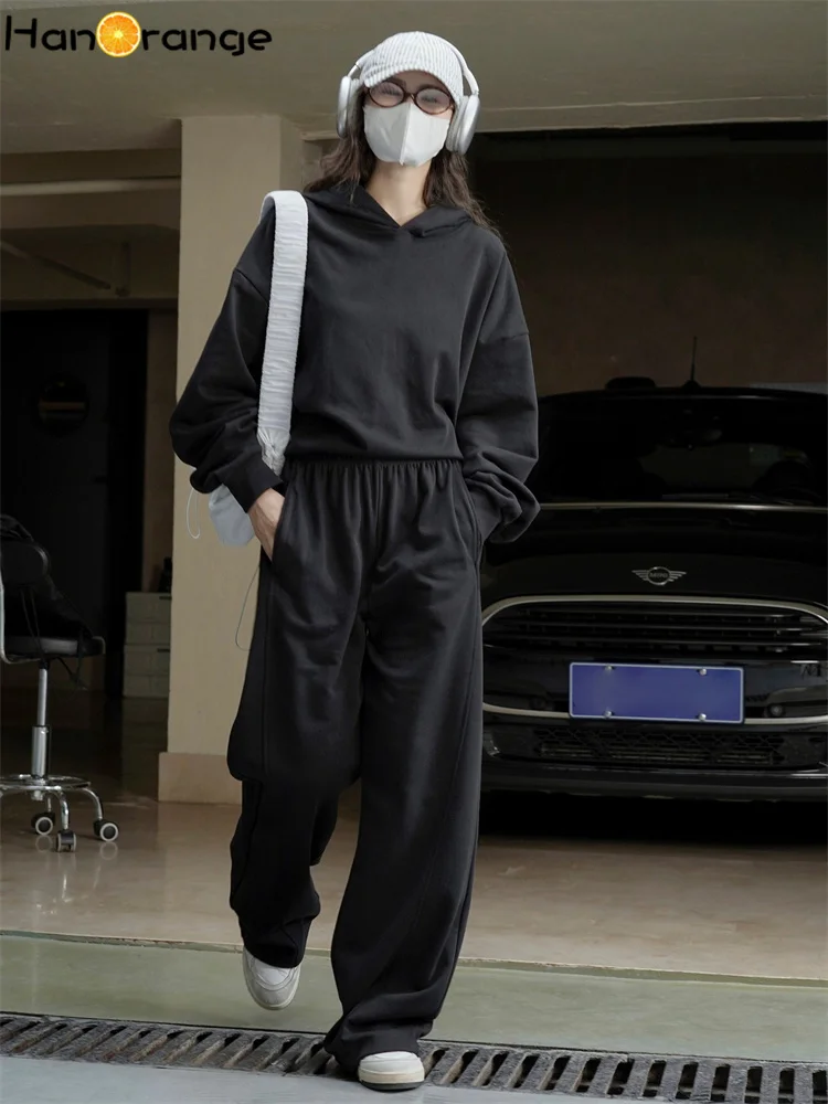 HanOrange 2025 Spring Simple Back Hollow Short Hoodies Women Loose Strap Casual Hooded Top Active Black/White