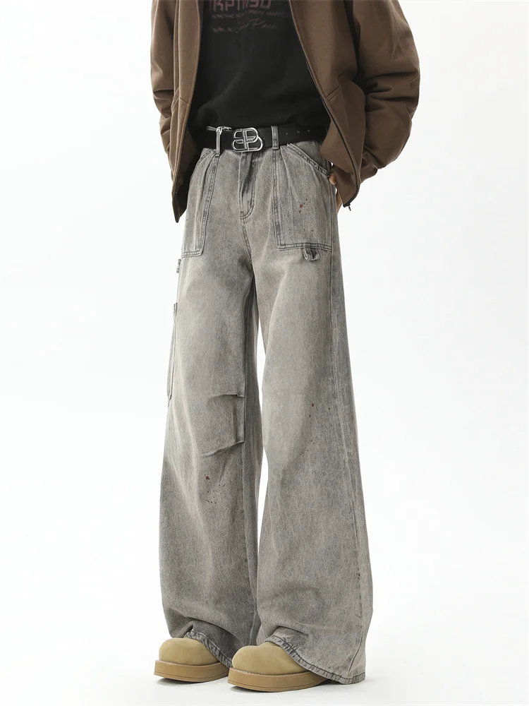 

ey Waed Distred Men's Jeans Loose Wide Leg Workwear Pants with Pleats And Functionali American Retro Sle