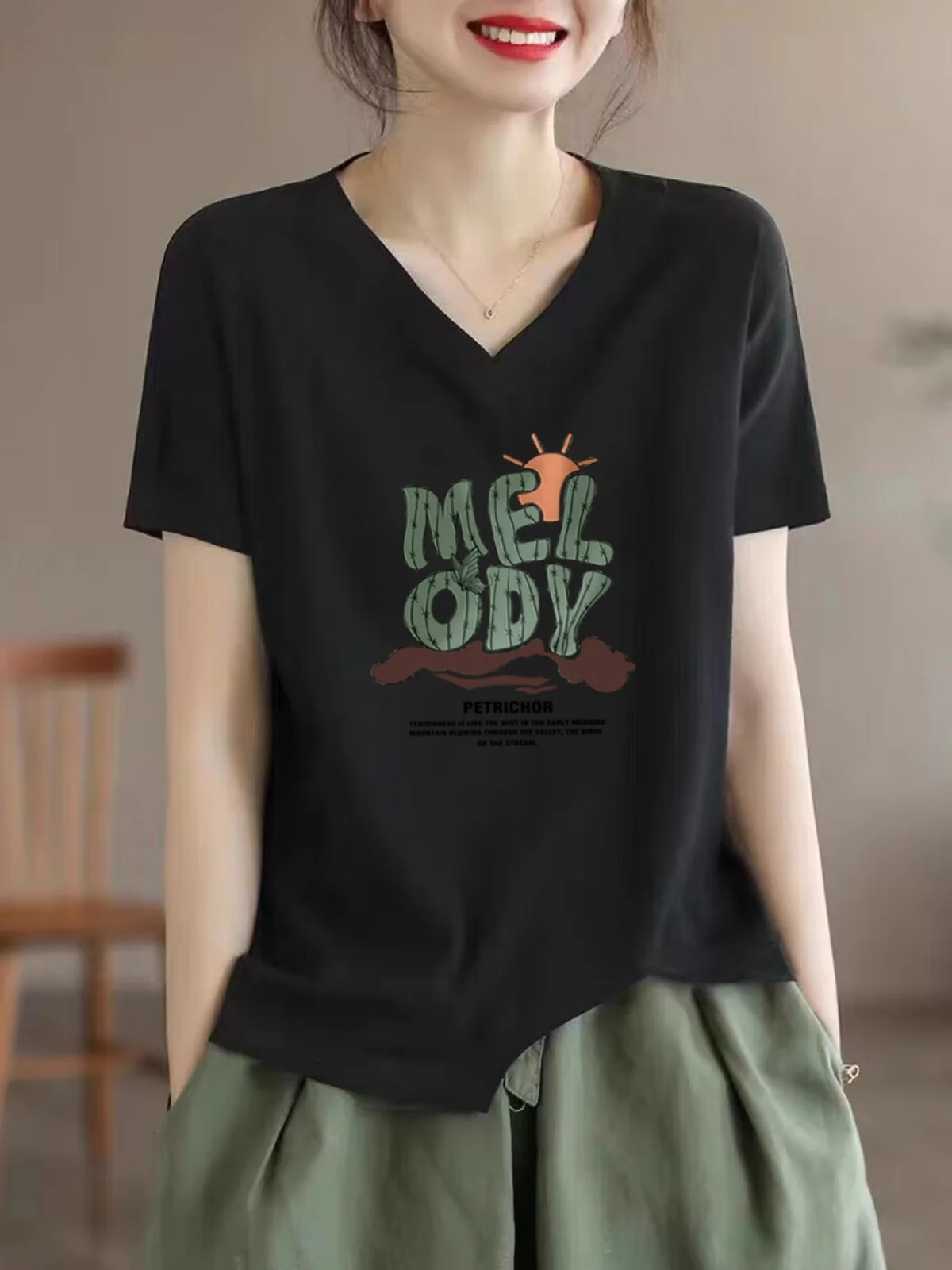 Off-Season V-Ne ort Sve Pure Cotton Women's Top Trendy ex Home Clothes Loose Fit Regular Length Summer New Sle