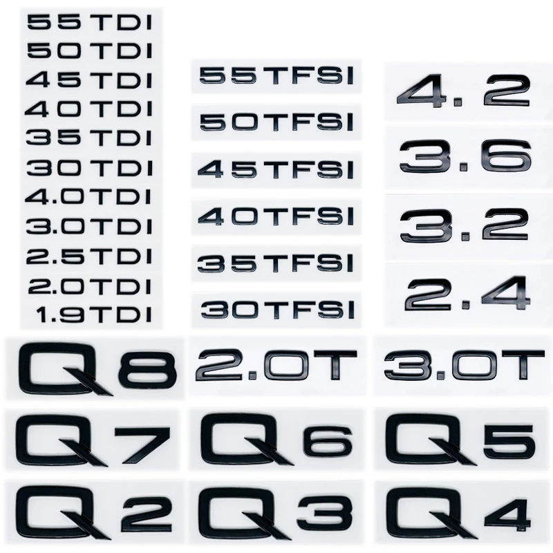 

Glossy Black ABS Numbers Letters Emblem for Audi Q2 Q3 Q4 Q5 Q6 Q7 Q8 1.9TDI/30 40TFSI 2.0T - Fit Fender/Trunk/Rear Logo Sticker