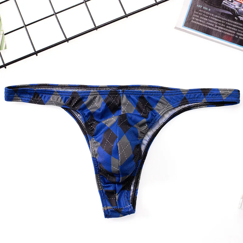 Men Underwear Grid Sexy Briefs U Convex Thong String Bulge Pouch Breathable Panties Male Underpants Intimates Bikini Male