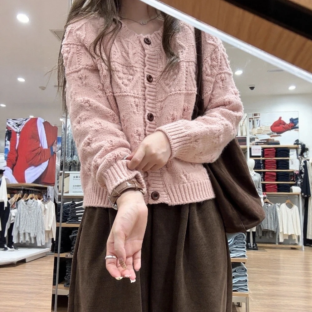 

Pink Lace Knitted Sweater Coat Women's Thiened Lazy Sle High-End Knitted Open Cardigan Top for Autumn And Winter