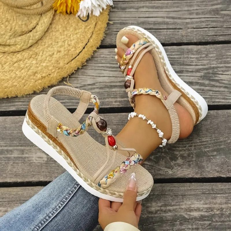 Modische T-Riemen-Plateau-Sandalen für Damen, neue Mischfarben, elastisches Band, Keilsandalen, Damen-Sommer-Sandalen mit offenem Zehenbereich, Sandalias für Frauen – Detail 8
