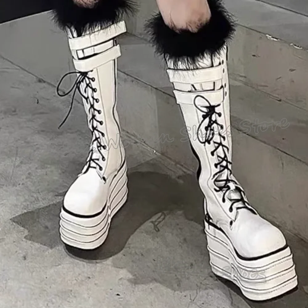 

Goth Punk Motorcycle Boots Combat Platform Wedges Lace-Up Round Toe Genuine Leather Rock Fashion Sexy Novelty Women Shoes Newest