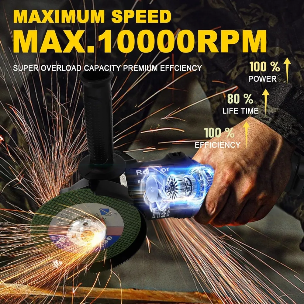 Cordless Angle Grinder 20V MAX Battery, 10000 RPM Brushless Grinder 4-1/2, 3 Variable Speed for Cutting, Grinding, Polishing